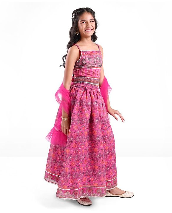Pine Kids All Over Floral Printed Sleeveless Choli  Lehenga Set With Dupatta - Pink