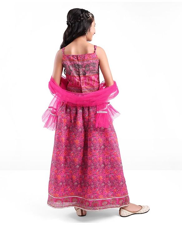 Pine Kids All Over Floral Printed Sleeveless Choli  Lehenga Set With Dupatta - Pink