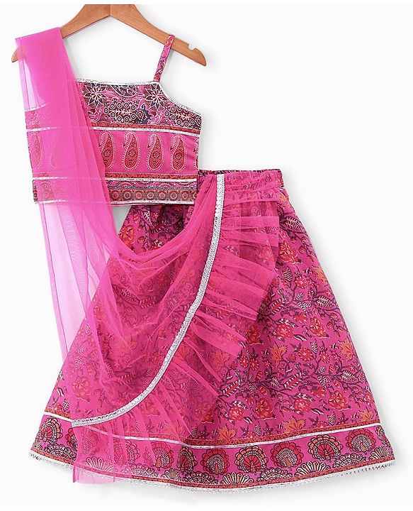 Pine Kids All Over Floral Printed Sleeveless Choli  Lehenga Set With Dupatta - Pink