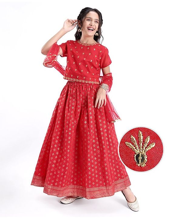 Pine Kids Half Sleeves Embroidered Choli & Lehenga Set- Red