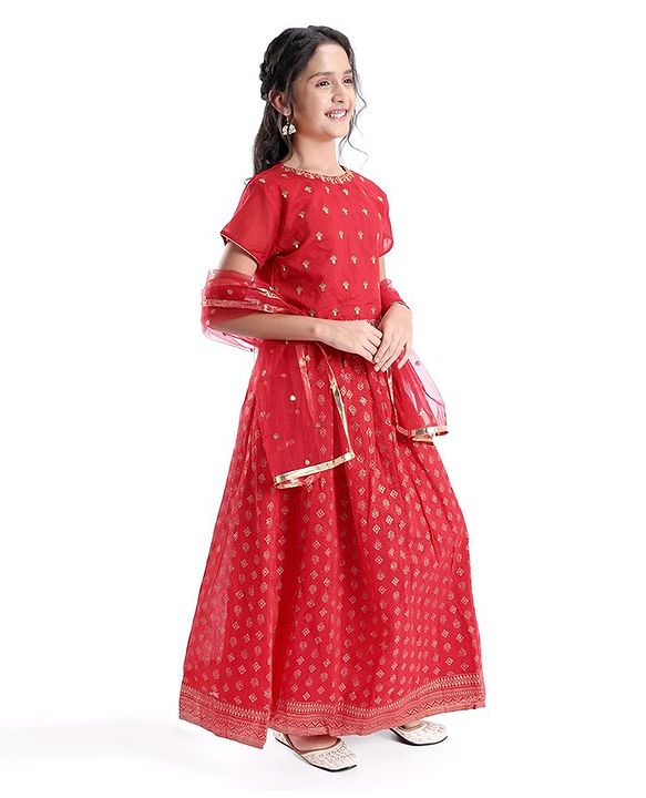 Pine Kids Half Sleeves Embroidered Choli & Lehenga Set- Red