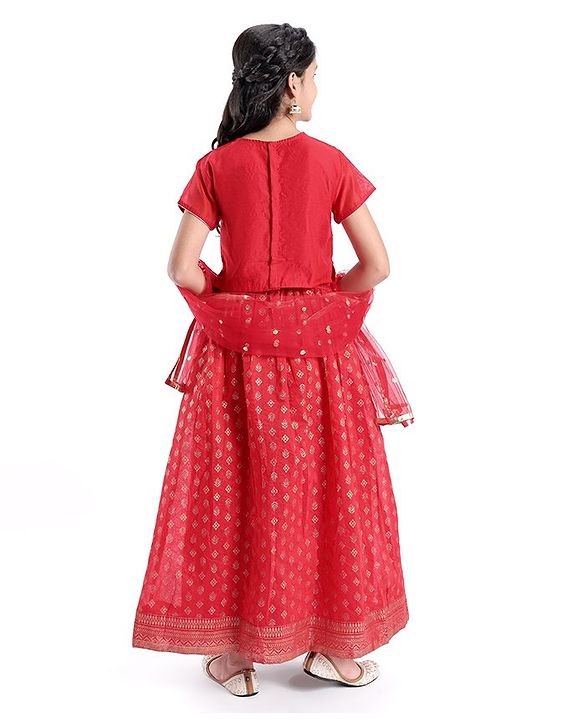 Pine Kids Half Sleeves Embroidered Choli & Lehenga Set- Red