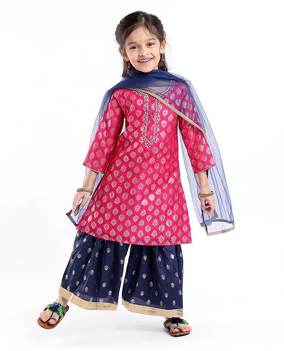 Babyhug 100% Cotton Three Forth Sleeve Kurti Sharara And Dupatta With Bandhani Print- Pink & Navy Blue