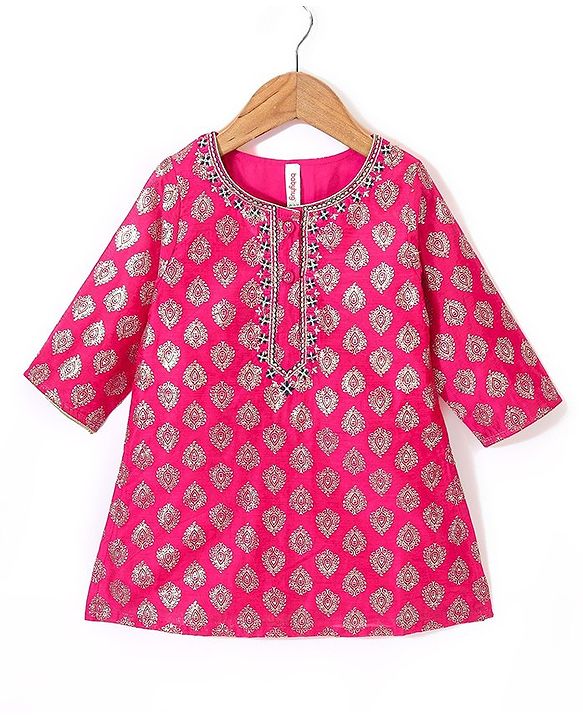 Babyhug 100% Cotton Three Forth Sleeve Kurti Sharara And Dupatta With Bandhani Print- Pink & Navy Blue