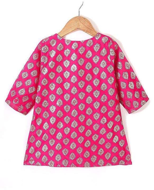 Babyhug 100% Cotton Three Forth Sleeve Kurti Sharara And Dupatta With Bandhani Print- Pink & Navy Blue