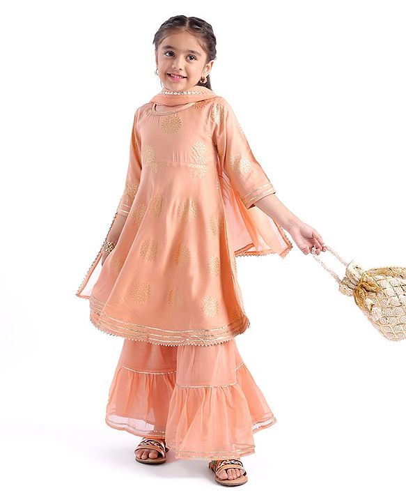 Babyhug Woven Three Fourth Sleeve Georgette Floral Foil Printed Kurti Sharara and Dupatta Set - Coral