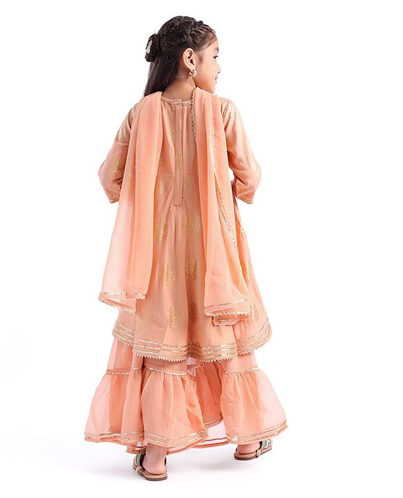 Babyhug Woven Three Fourth Sleeve Georgette Floral Foil Printed Kurti Sharara and Dupatta Set - Coral