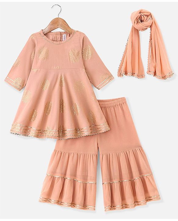 Babyhug Woven Three Fourth Sleeve Georgette Floral Foil Printed Kurti Sharara and Dupatta Set - Coral