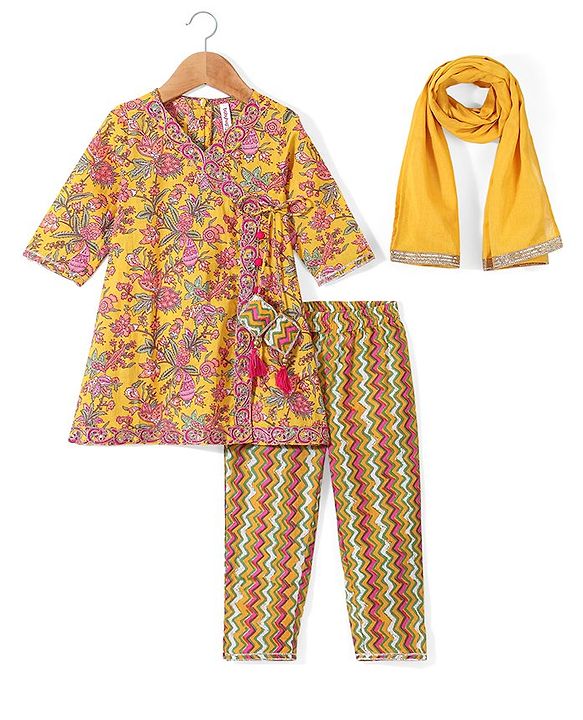 Babyhug Cotton Three Fourth Sleeves Printed Kurti Pant and Dupatta Set with Floral Print - Yellow