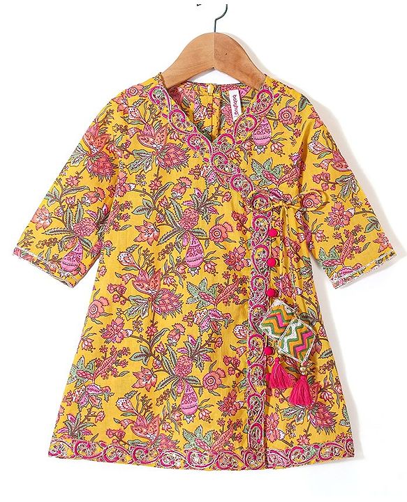 Babyhug Cotton Three Fourth Sleeves Printed Kurti Pant and Dupatta Set with Floral Print - Yellow