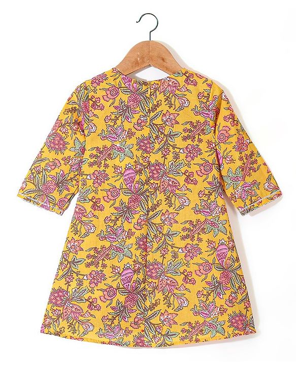 Babyhug Cotton Three Fourth Sleeves Printed Kurti Pant and Dupatta Set with Floral Print - Yellow