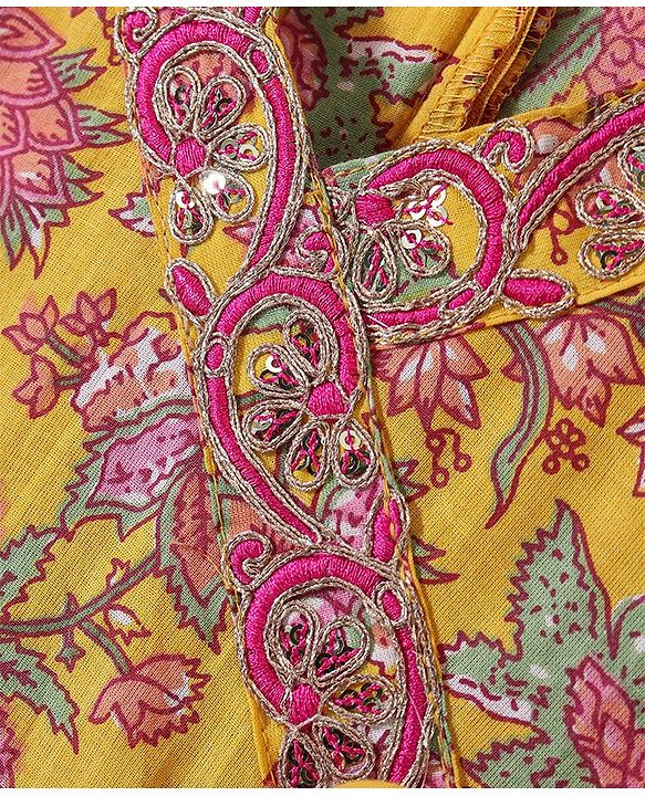 Babyhug Cotton Three Fourth Sleeves Printed Kurti Pant and Dupatta Set with Floral Print - Yellow