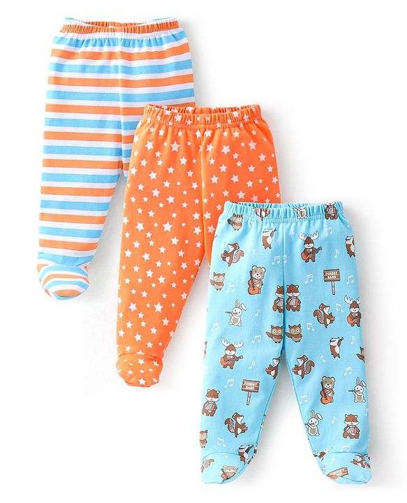 Babyhug Cotton Knit Footed Bootie Leggings Striped & Bear Printed Set of 3 - Orange & Blue