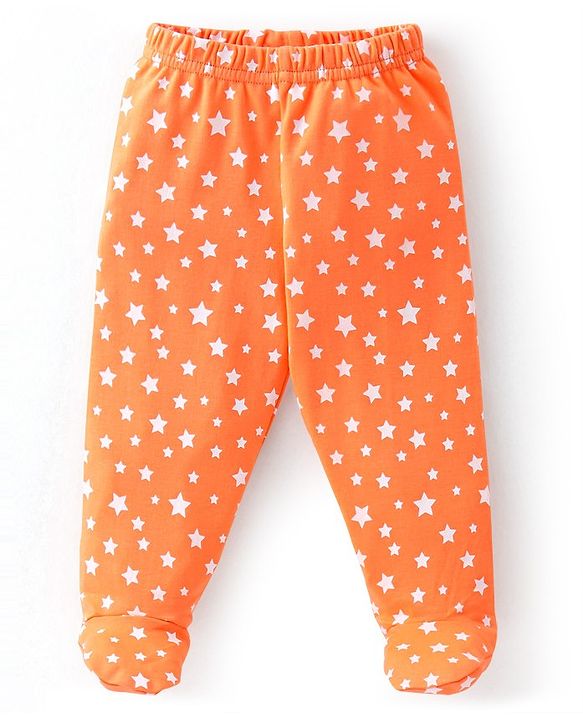 Babyhug Cotton Knit Footed Bootie Leggings Striped & Bear Printed Set of 3 - Orange & Blue