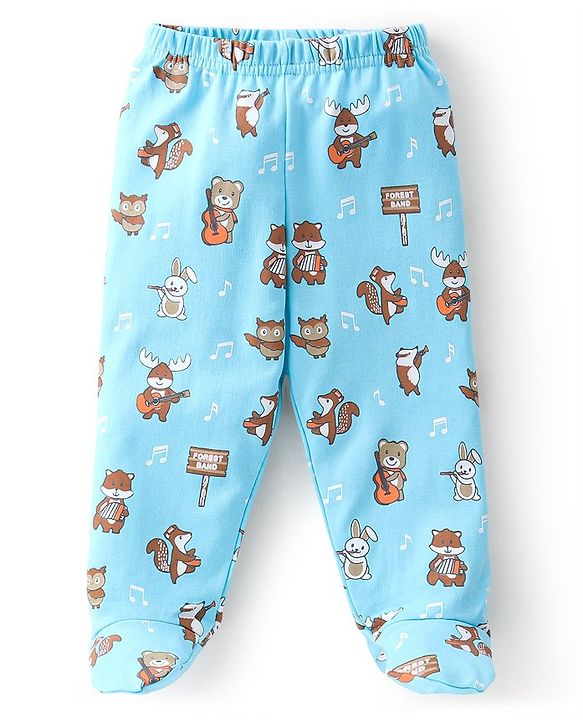 Babyhug Cotton Knit Footed Bootie Leggings Striped & Bear Printed Set of 3 - Orange & Blue