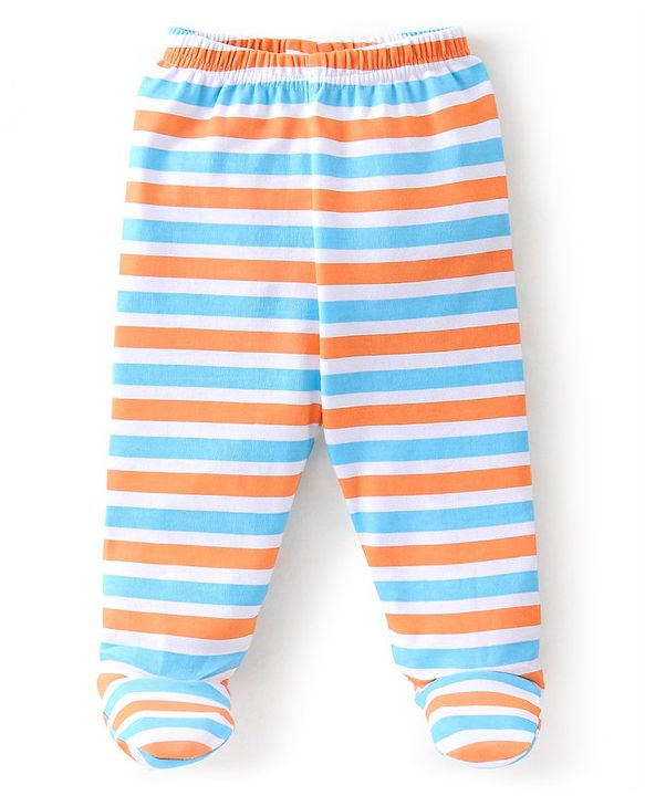 Babyhug Cotton Knit Footed Bootie Leggings Striped & Bear Printed Set of 3 - Orange & Blue