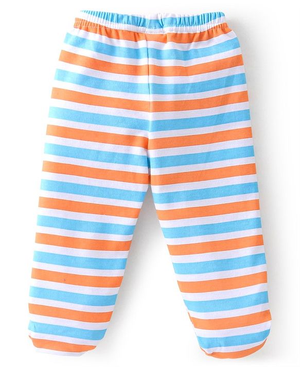 Babyhug Cotton Knit Footed Bootie Leggings Striped & Bear Printed Set of 3 - Orange & Blue