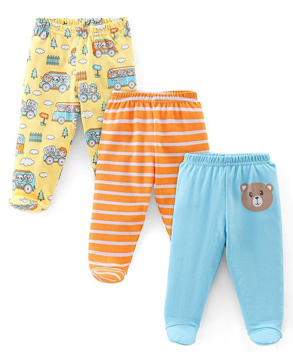 Babyhug Cotton Knit Footed Bootie Leggings Bear & Vehicles Printed Set of 3 - Blue Orange & Yellow