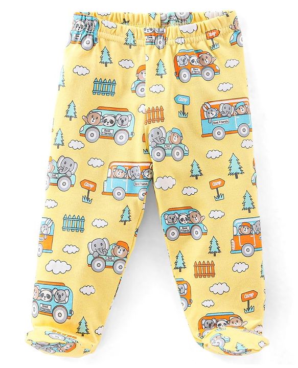 Babyhug Cotton Knit Footed Bootie Leggings Bear & Vehicles Printed Set of 3 - Blue Orange & Yellow