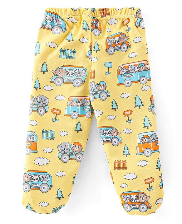 Babyhug Cotton Knit Footed Bootie Leggings Bear & Vehicles Printed Set of 3 - Blue Orange & Yellow