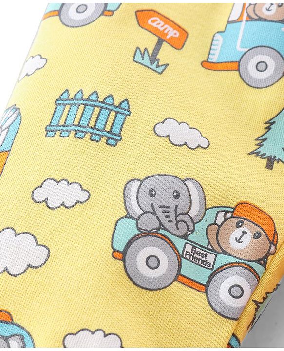 Babyhug Cotton Knit Footed Bootie Leggings Bear & Vehicles Printed Set of 3 - Blue Orange & Yellow
