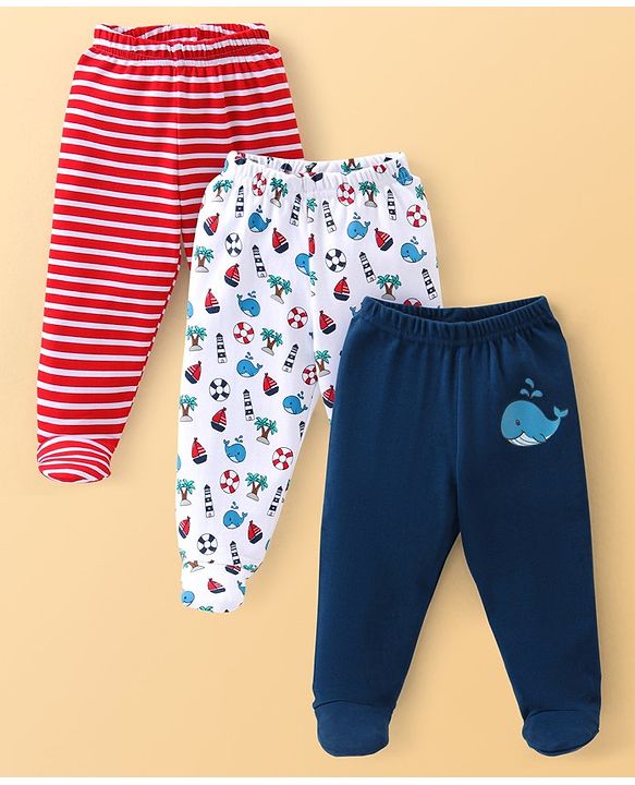 Babyhug Cotton Knit Footed Bootie Leggings Striped & Dolphin Printed Set of 3 - Red & Navy Blue