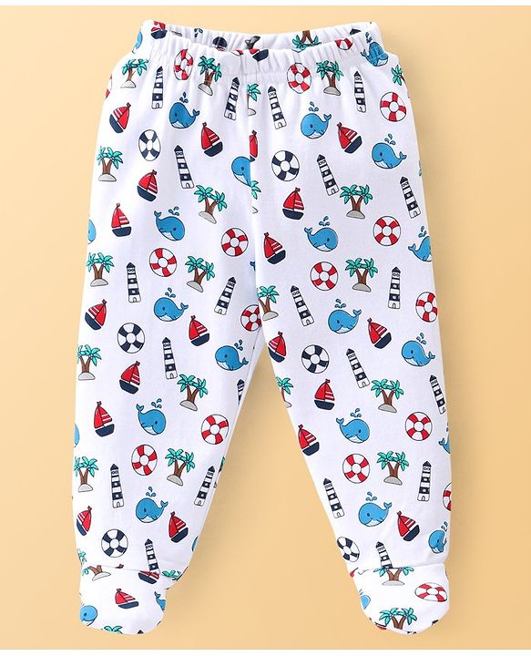 Babyhug Cotton Knit Footed Bootie Leggings Striped & Dolphin Printed Set of 3 - Red & Navy Blue