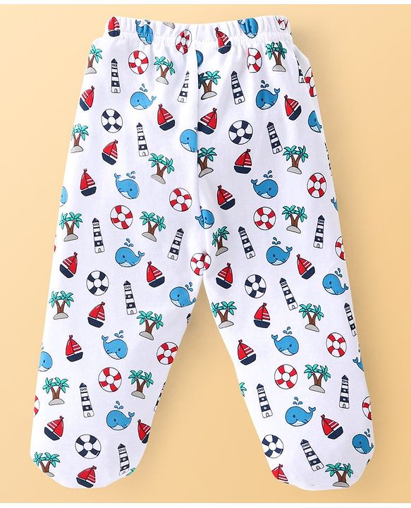 Babyhug Cotton Knit Footed Bootie Leggings Striped & Dolphin Printed Set of 3 - Red & Navy Blue