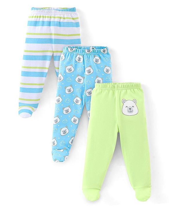Babyhug Cotton Footed Bootie Leggings Striped & Polar Bear Print Pack of 3 - Blue & Green