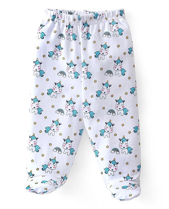 Babyhug Cotton Knit Footed Bootie Leggings Set Stripes & Unicorn Printed of 3 - White & Blue