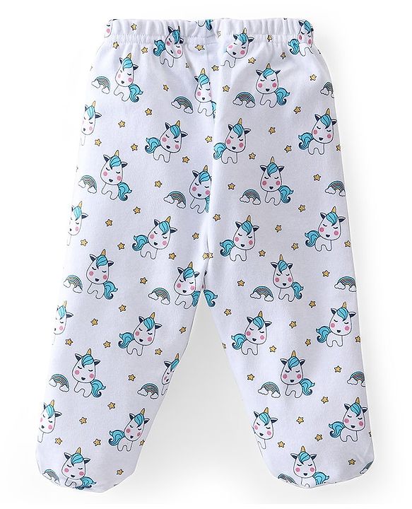 Babyhug Cotton Knit Footed Bootie Leggings Set Stripes & Unicorn Printed of 3 - White & Blue