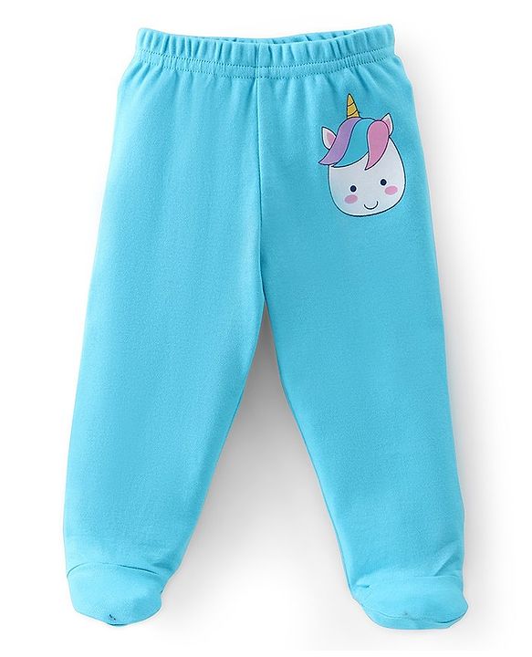 Babyhug Cotton Knit Footed Bootie Leggings Set Stripes & Unicorn Printed of 3 - White & Blue