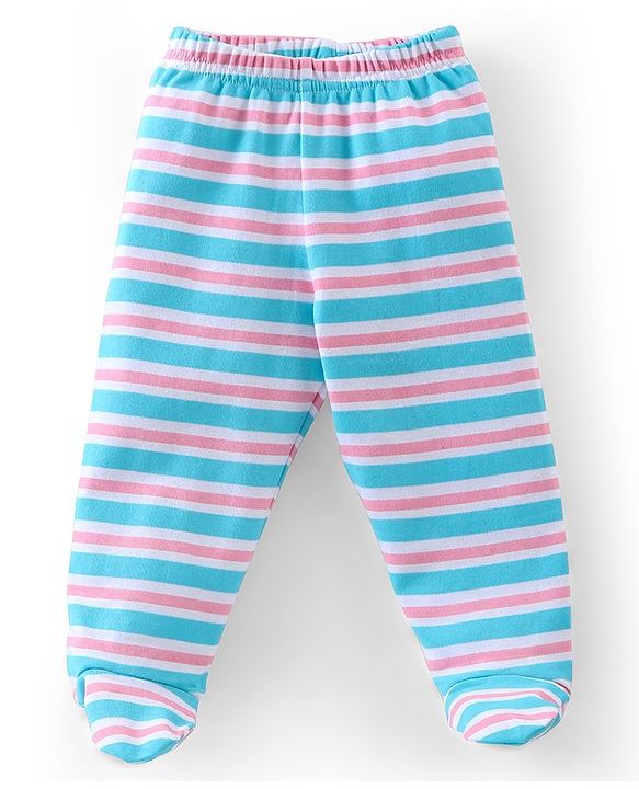 Babyhug Cotton Knit Footed Bootie Leggings Set Stripes & Unicorn Printed of 3 - White & Blue