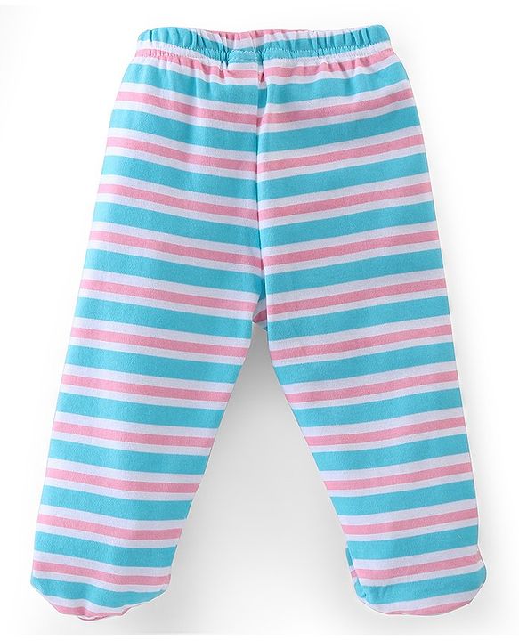 Babyhug Cotton Knit Footed Bootie Leggings Set Stripes & Unicorn Printed of 3 - White & Blue