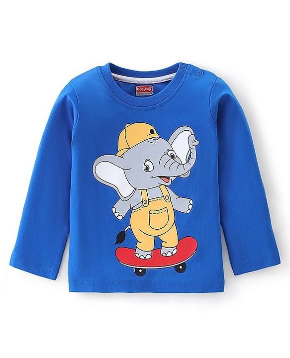 Babyhug 100% Cotton Knit Full Sleeves T-Shirt with Elephant Graphics -Blue