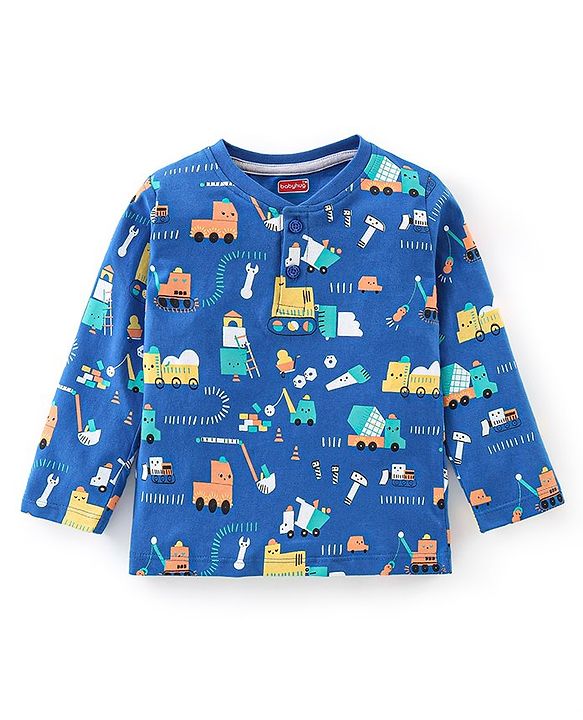 Babyhug Cotton Knit Full Sleeves Construction Vehicles Print T-Shirt - Blue