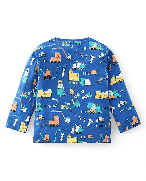 Babyhug Cotton Knit Full Sleeves Construction Vehicles Print T-Shirt - Blue