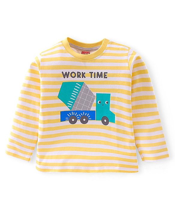 Babyhug 100% Cotton Knit Full Sleeves T-Shirt with Striped & Truck Graphics -Yellow
