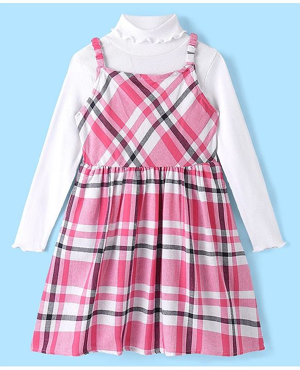 Pine Kids Checks Pattern Frock with Elasticated Strap & Turtle Neck Full Sleeves Rib Top - Multicolor