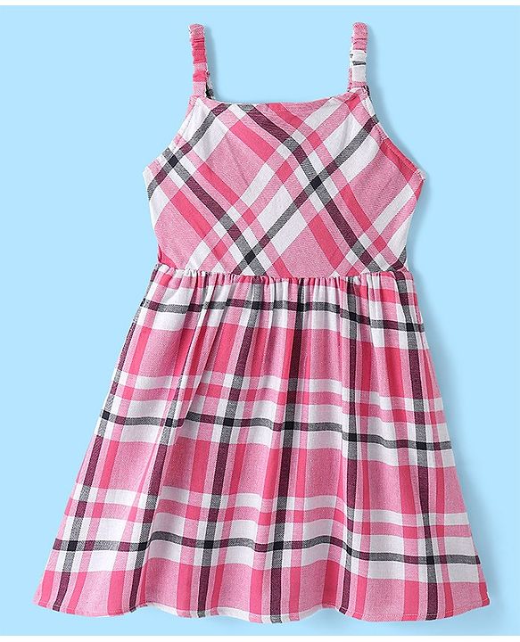 Pine Kids Checks Pattern Frock with Elasticated Strap & Turtle Neck Full Sleeves Rib Top - Multicolor