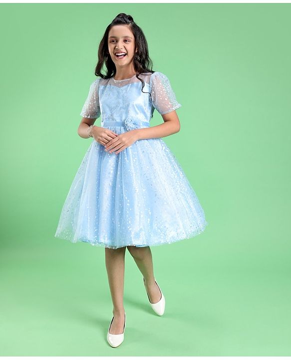 Pine Kids Half Puff Sleeves Party Wear Frock with Foil Print Detailing - Light Blue