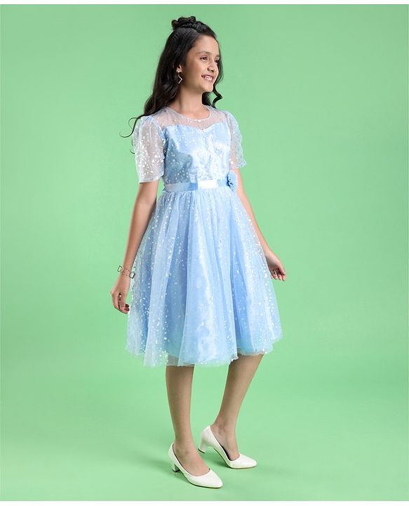 Pine Kids Half Puff Sleeves Party Wear Frock with Foil Print Detailing - Light Blue