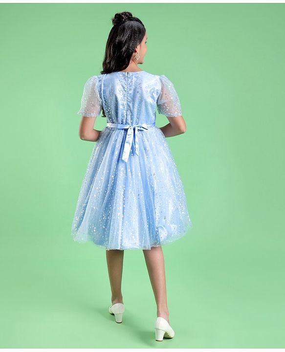 Pine Kids Half Puff Sleeves Party Wear Frock with Foil Print Detailing - Light Blue