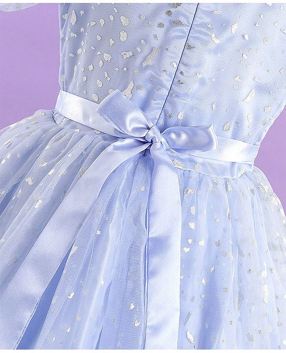 Pine Kids Half Puff Sleeves Party Wear Frock with Foil Print Detailing - Light Blue