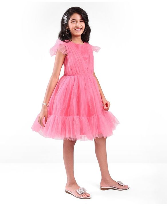 Pine Kids Shimmered Pleated Half Sleeves Tiered Party Wear Dress- Pink