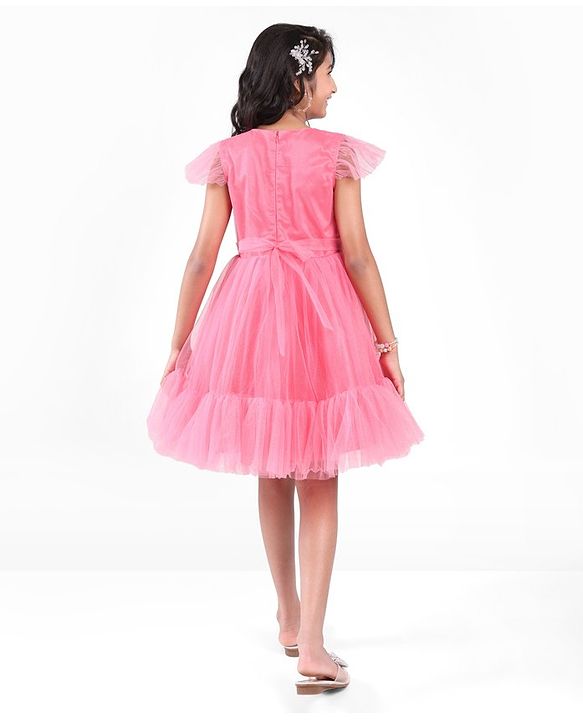 Pine Kids Shimmered Pleated Half Sleeves Tiered Party Wear Dress- Pink