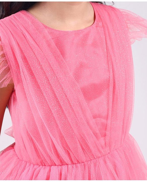 Pine Kids Shimmered Pleated Half Sleeves Tiered Party Wear Dress- Pink