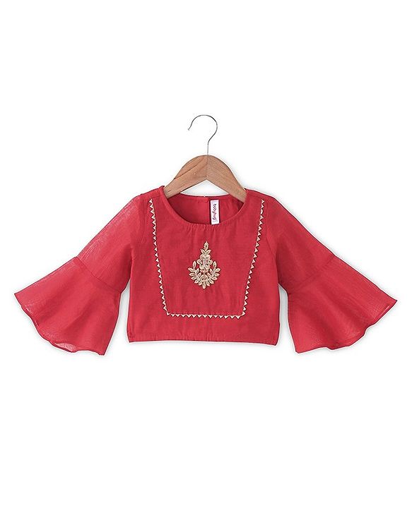 Babyhug Woven Three Fourth Sleeve Embroidered Choli with Foil Printed Lehenga & Dupatta Set - Red