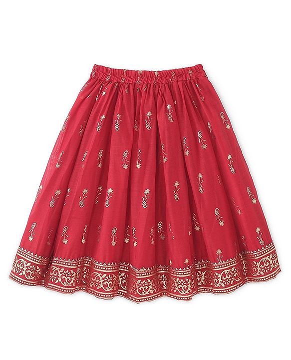 Babyhug Woven Three Fourth Sleeve Embroidered Choli with Foil Printed Lehenga & Dupatta Set - Red