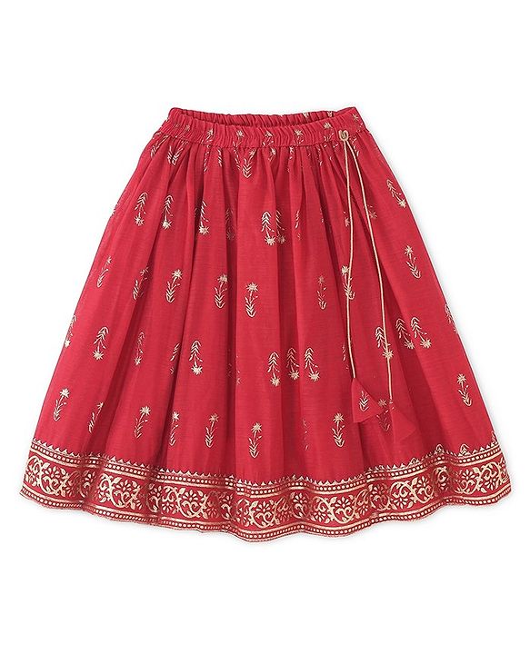 Babyhug Woven Three Fourth Sleeve Embroidered Choli with Foil Printed Lehenga & Dupatta Set - Red